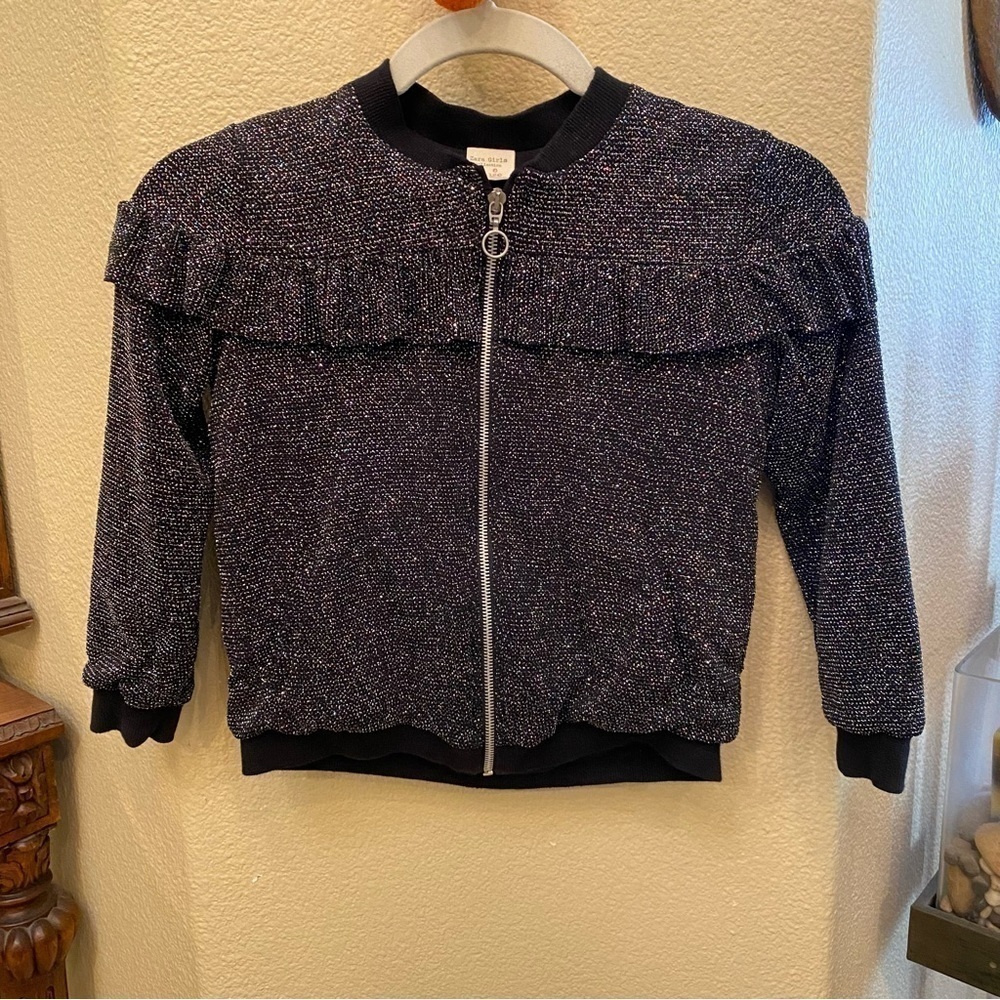 ZARA Girls Black Zipped Shimmery Glitter Ruffled Jacket Size 8 Yrs